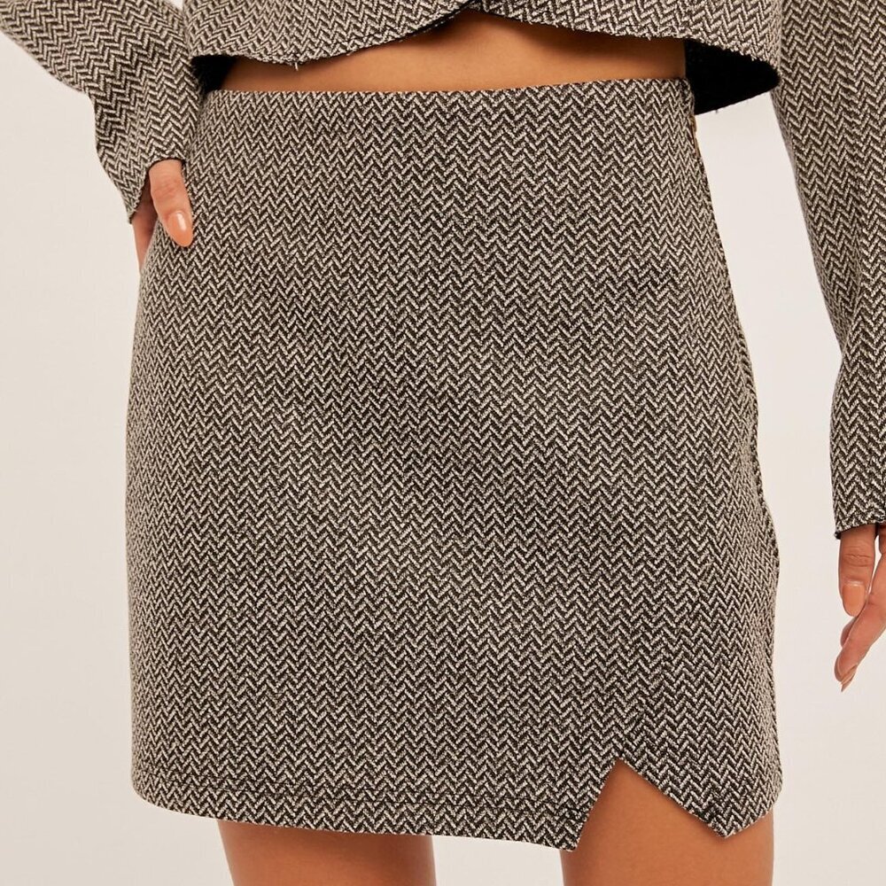 HEM & THREAD Black & White Herringbone Mini Skirt, High-Waist Boutique Skirt